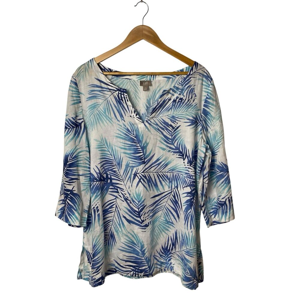 J Jill Womens L Tall 100% Linen Tunic Top Blue Tropical Palm Leaf 3/4 Sleeve